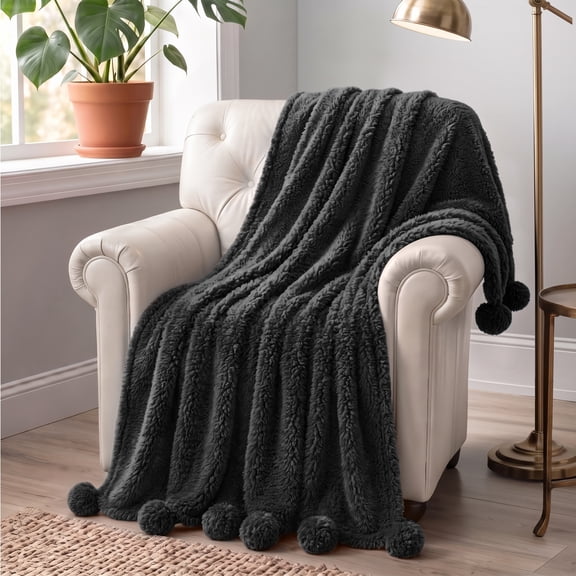 PAVILIA Soft Sherpa Throw Blanket with Pom Pom for Couch Sofa, Black 50x60