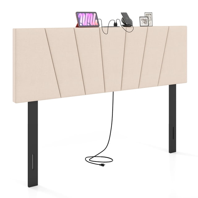 Gymax Headboard for Queen&Full Size BedGeometric Upholstered Head Board w/2AC Outlets Beige