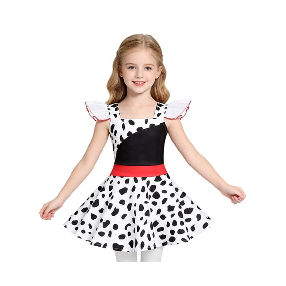 Aiihoo Toddler Girls Dalmatian Print Dress Black Spotted Print Ruffle Sleeve Tutu Ballet Dance Dress Black&White 2-3