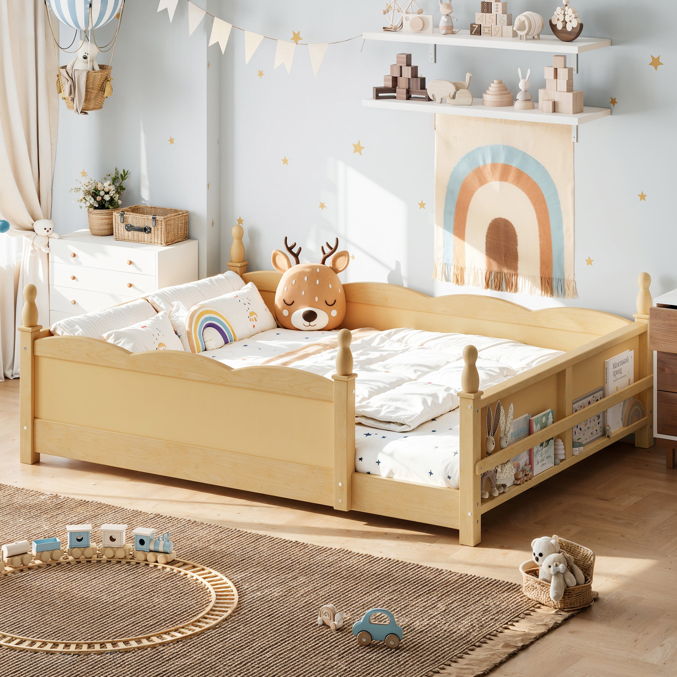 GDF Studio Full Size Montessori Floor Bed with Guardrails & Side Bookshelf, Childlike Design, Natural