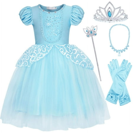 Condition photo showing New/Like New for Jurebecia Princess Costume Cinderella Dress up for Girls Blue Clothes for Toddler Birthday Party Fancy Cosplay with Accessories 120CM 5-6Years