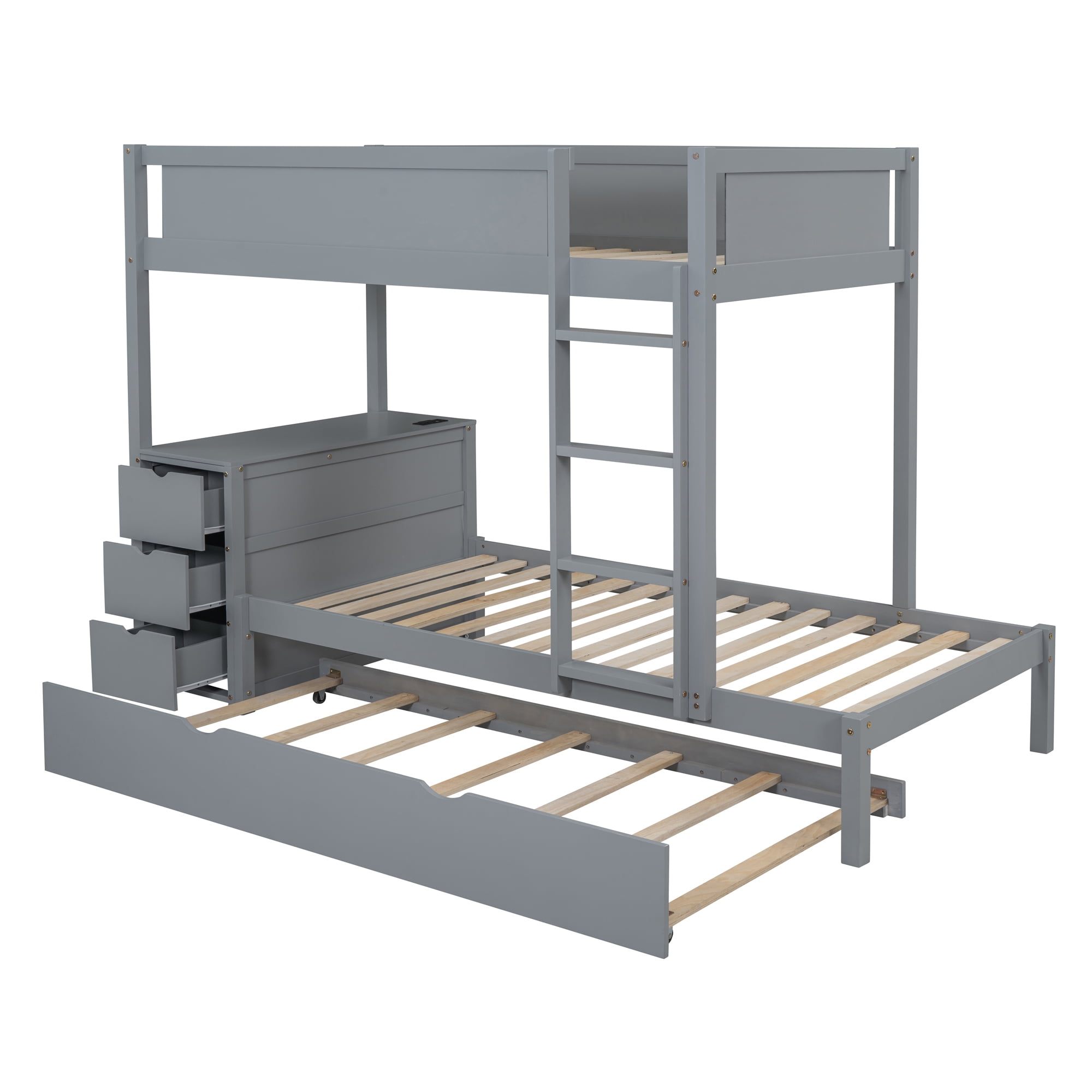 Twin over Twin Bunk Bed with Twin Size Trundle, 3 Storage Drawers and Desk, Solid Wood Kids Bunk Bed Frame with Ladder for Kids Teens Adults