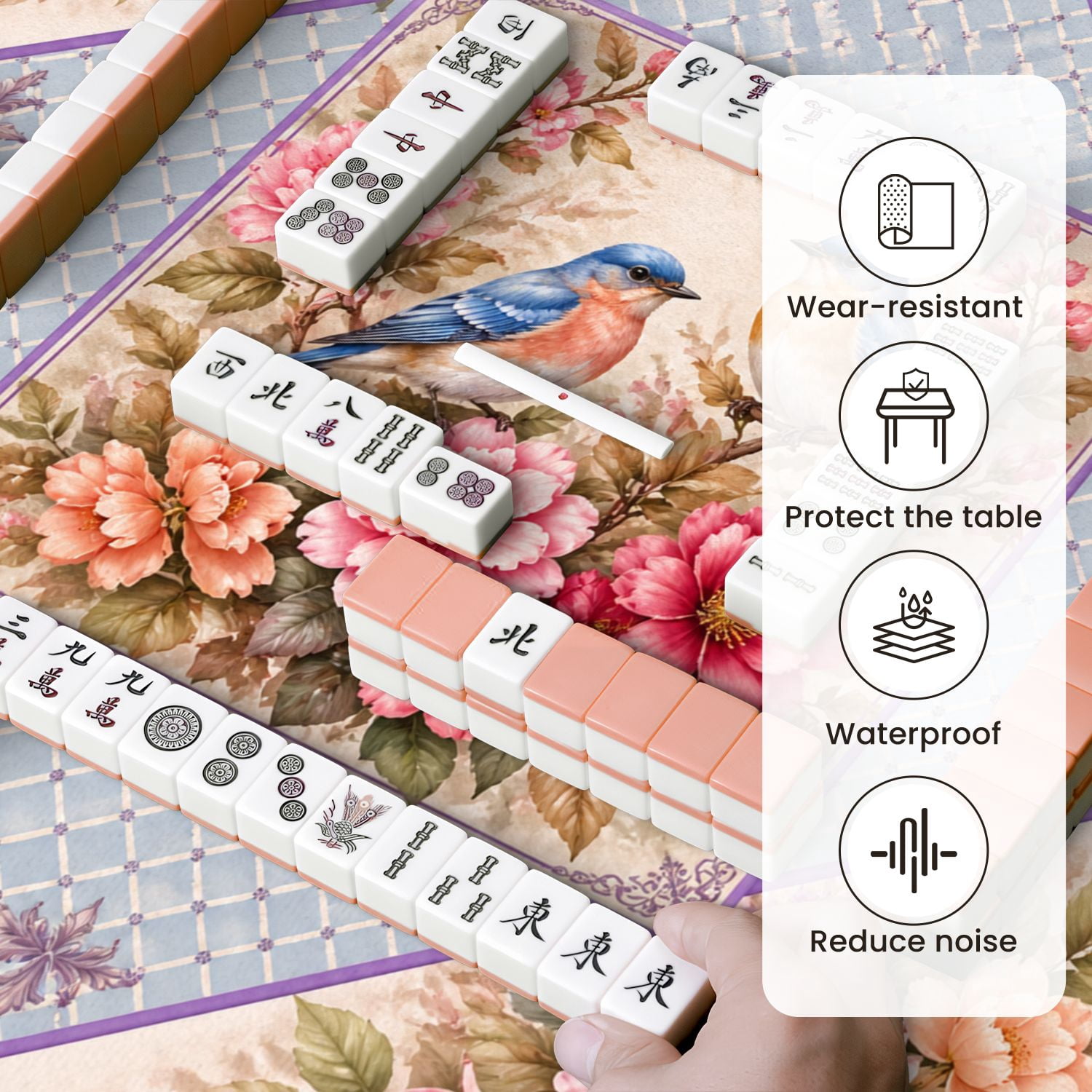 Mahjong Mat 31.5" x 31.5" Bluebirds Perched Pink Purple Flowers Elegant Floral Non-Slip Noise Reduction Mahjong Tiles Table Cover for Dominoes Poker Card Board and Tile Games