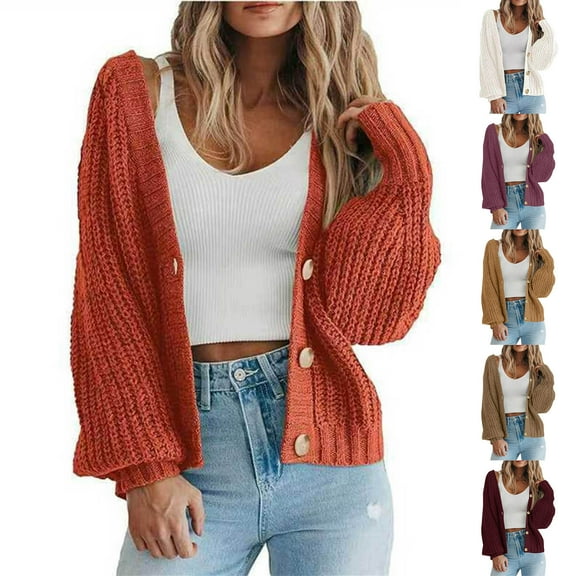 gakvbuo Cardigan Sweaters for Women Chunky Knit Open Front Cropped Sweater Long Sleeve V-Neck Button Down Jacket Tops Fall Sweaters Loose Short Cardigan Outerwear Coats Fall Clothes