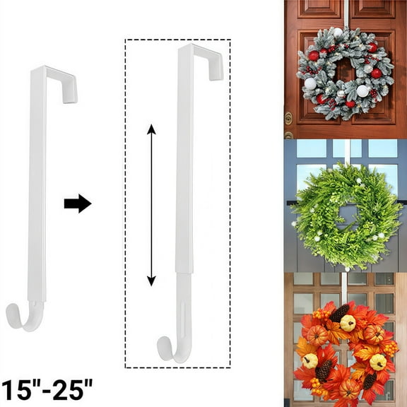White Adjustable Wreath Hanger for Front Door, No-Drill Over The Door Hook Holds 20lbs for Seasonal Decor