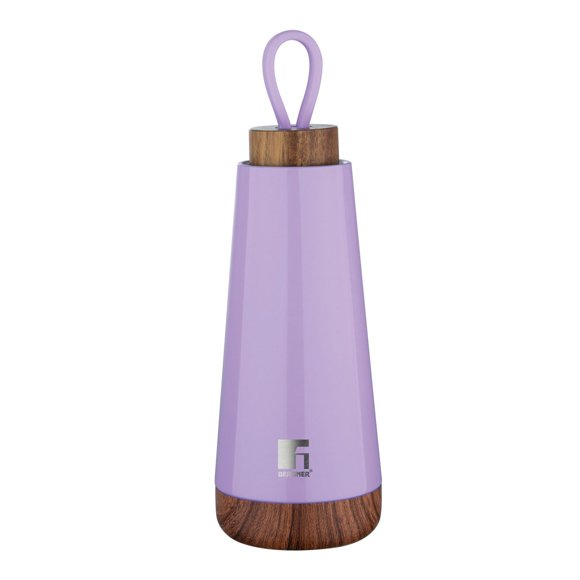 Thermo Steel Bottle Or Flask 500ml, Purple Color | Hot & Cold, Vacuum Insulated, Wooden Cap Screw On Lid, Metallic Purple Or Lilac, Rust & Leak Proof