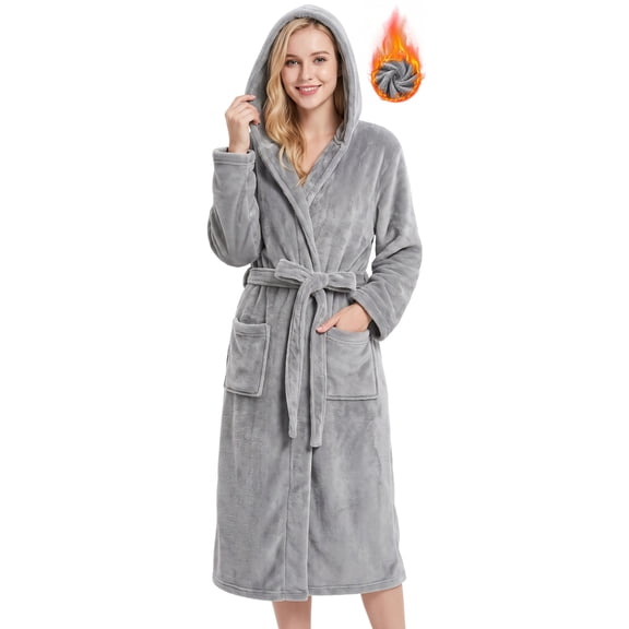 Loritta Secret Robes for Women, Long Length Hooded Soft Fleece Bathrobe Winter Plush Sleepwear Womens Robes with Pockets & Waist Belt