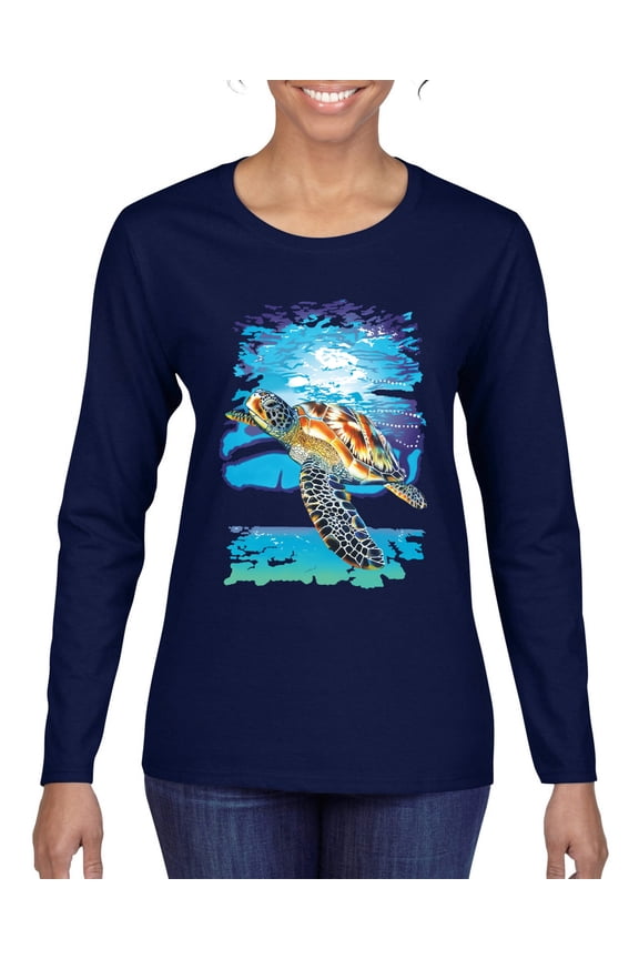Swimming Sea Turtle Animal Lover Womens Graphic Long Sleeve T-Shirt, Navy, Small