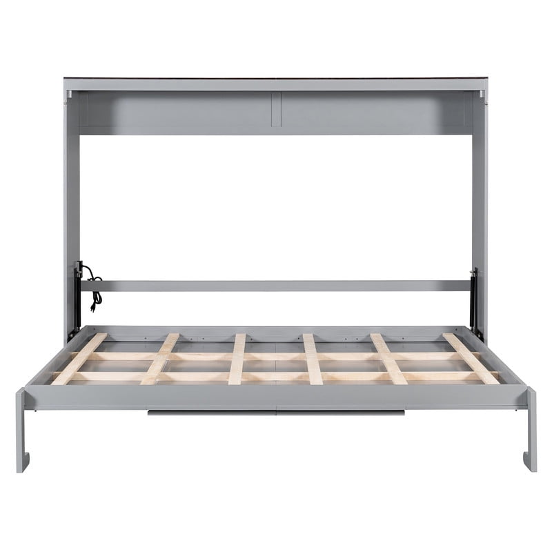 Queen Size Wood Murphy Bed with Hidden Folding Platfom Bed, Wall Cabinet Bed Frame with Shelf Top & Side Charging Station
