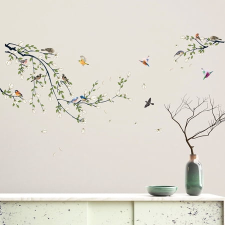 4 Sheets Magnolia Branches Wall Decals White Flowers Wall Stickers DIY Removable Colorful Birds Wall Sticker Petals Falling Home Decoration for Girls Bedroom Living Room Kitchen Bathroom TV Backgroun