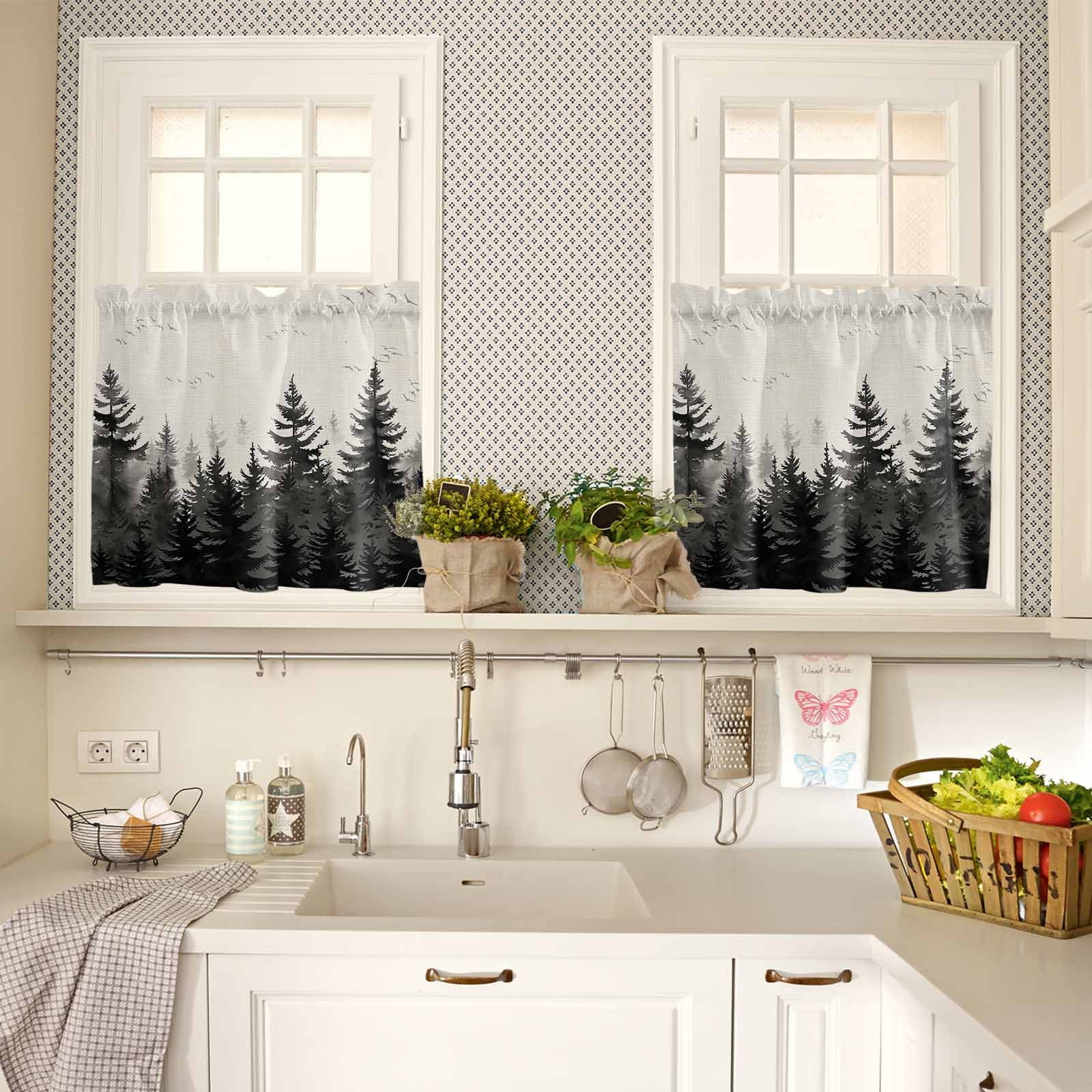 Black Forest Kitchen Curtains Valance and Tier Set Tree Bird Nature Landscape Linen Rod Pocket Short Curtains for Small Window 3 Pieces Set for Bedroom Bathroom Cafe (54" x 18"+27" x 24")