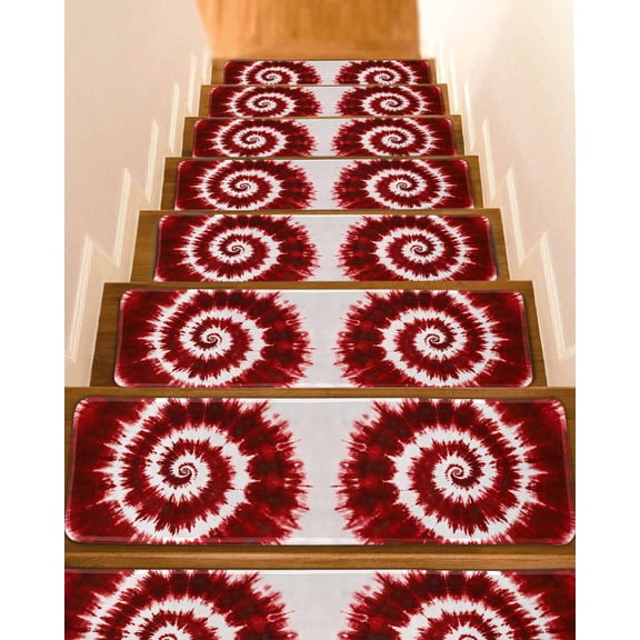 Red Ombre Stair Treads for Wooden Steps Indoor Runner Rug Carpet, Farmhouse Chic Tie Dye Abstract Retro Art 4 Pieces Peel and Stick Staircase Step Treads Covers Washable Throw Door Mats, 30"x8"