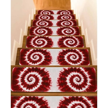 Red Ombre Stair Treads for Wooden Steps Indoor Runner Rug Carpet Farmhouse Chic Tie Dye Abstract Retro Art 4 Pieces Peel and Stick Staircase Step Treads Covers Washable Throw Door Mats 30 x8