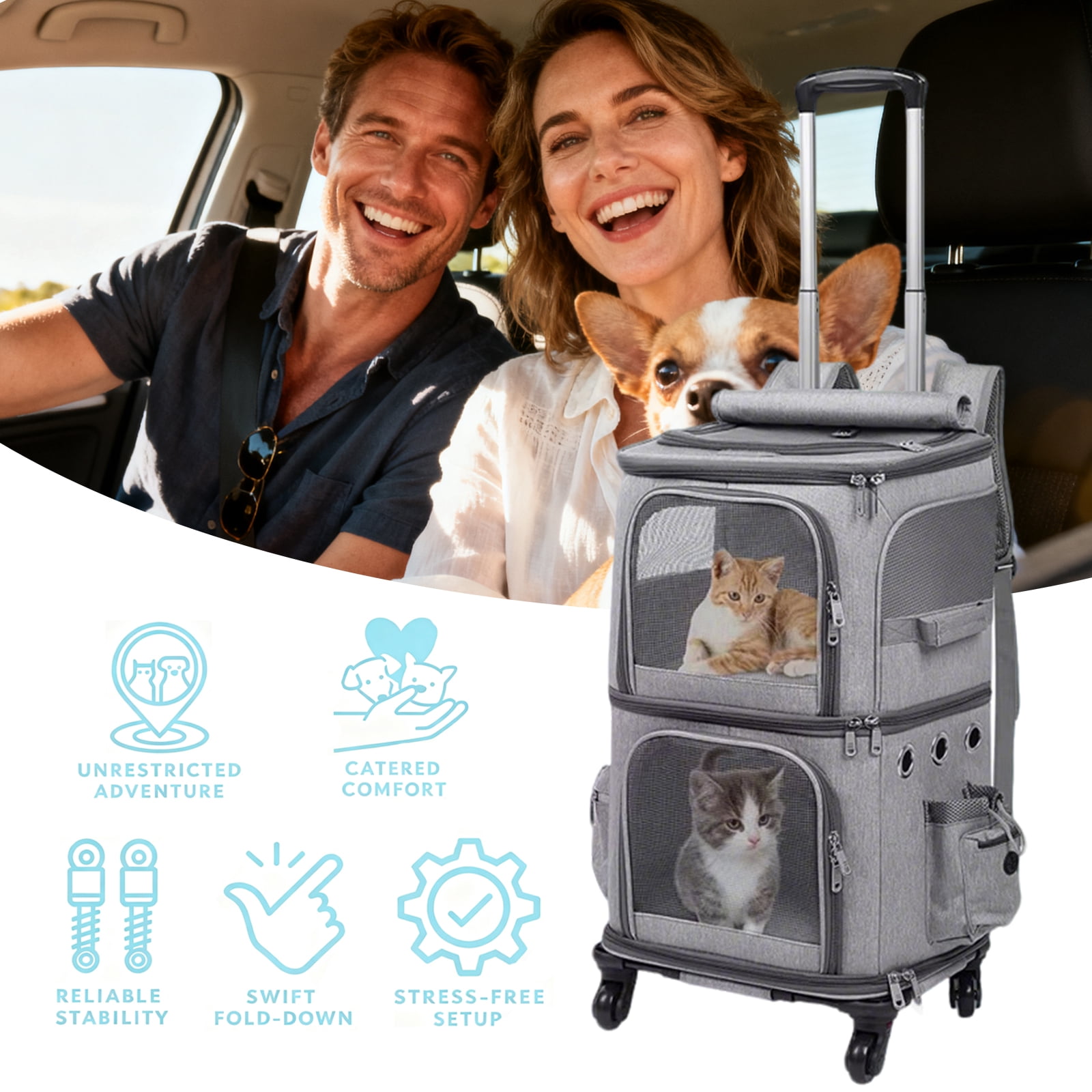 MINGYI Double-Compartment Pet Carrier with Wheels,Dog Backpack Carrier for 2 Small Dogs and Cats,Cat Rolling Carrier for Traveling/Taking a Walk/Trips to The Vet(Grey)
