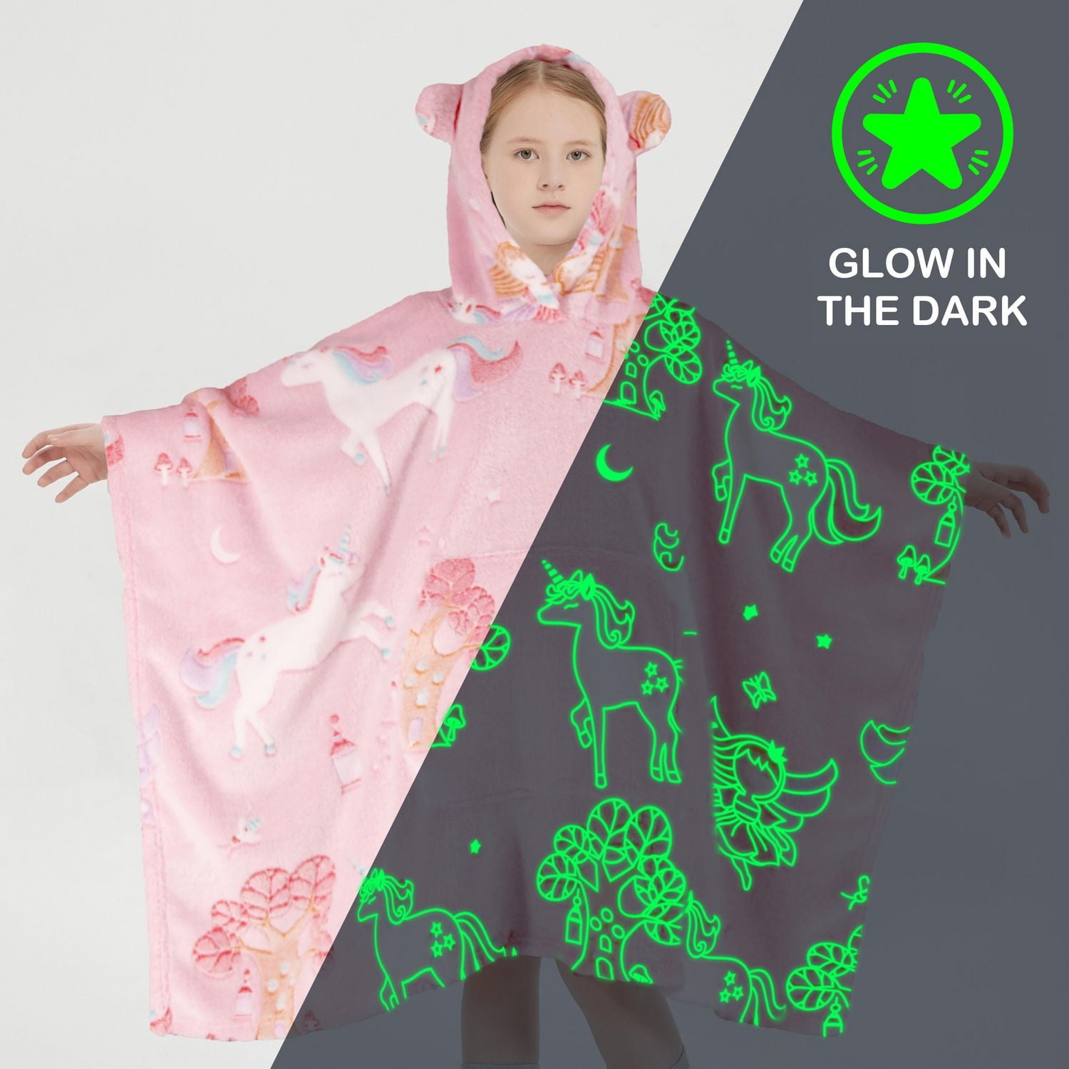 Sweat à capuche Marina Decoration phosphorescent pour enfants et filles, surdimensionné, en flanelle polaire douce et chaude, avec poche géante, 110 x 75 cm, licorne rose