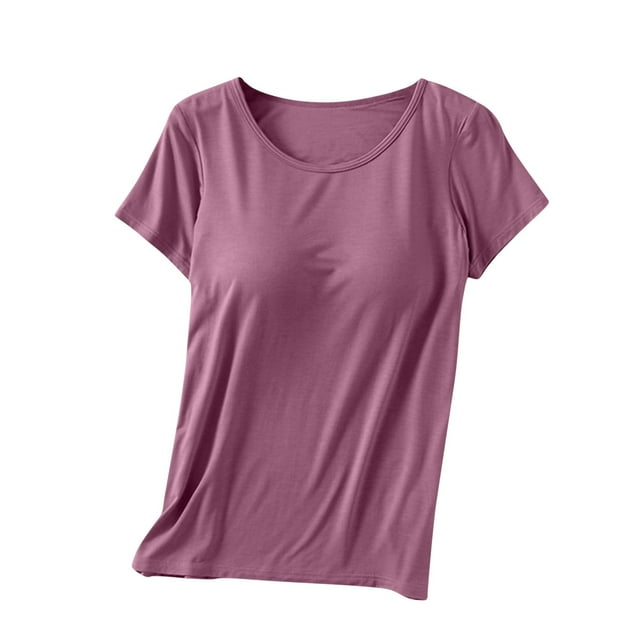Yuyuzo T-Shirt pour Femmes Rembourré avec Soutien-Gorge Intégré à Manches Courtes Col Ras du Cou Hauts de Pyjama Grande Taille Haut de Yoga et d'Entraînement