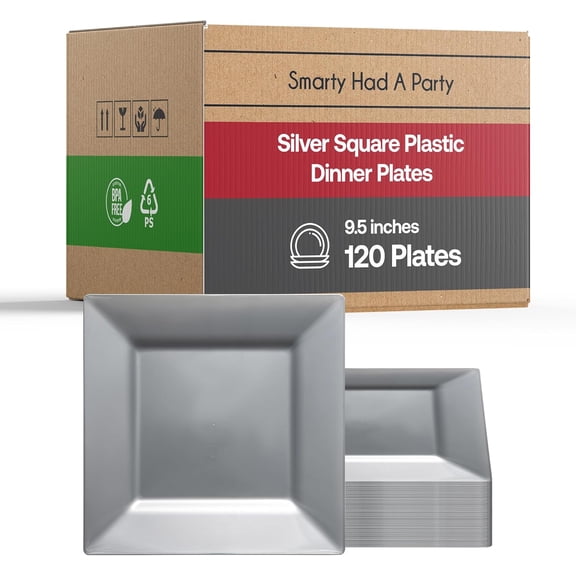 Elegant Disposable Plastic Dinner Plates - 120 Plates - Heavy Duty Fancy Square Silver Dinner Plates - 9.5" Plastic Party Plates For All Occasions