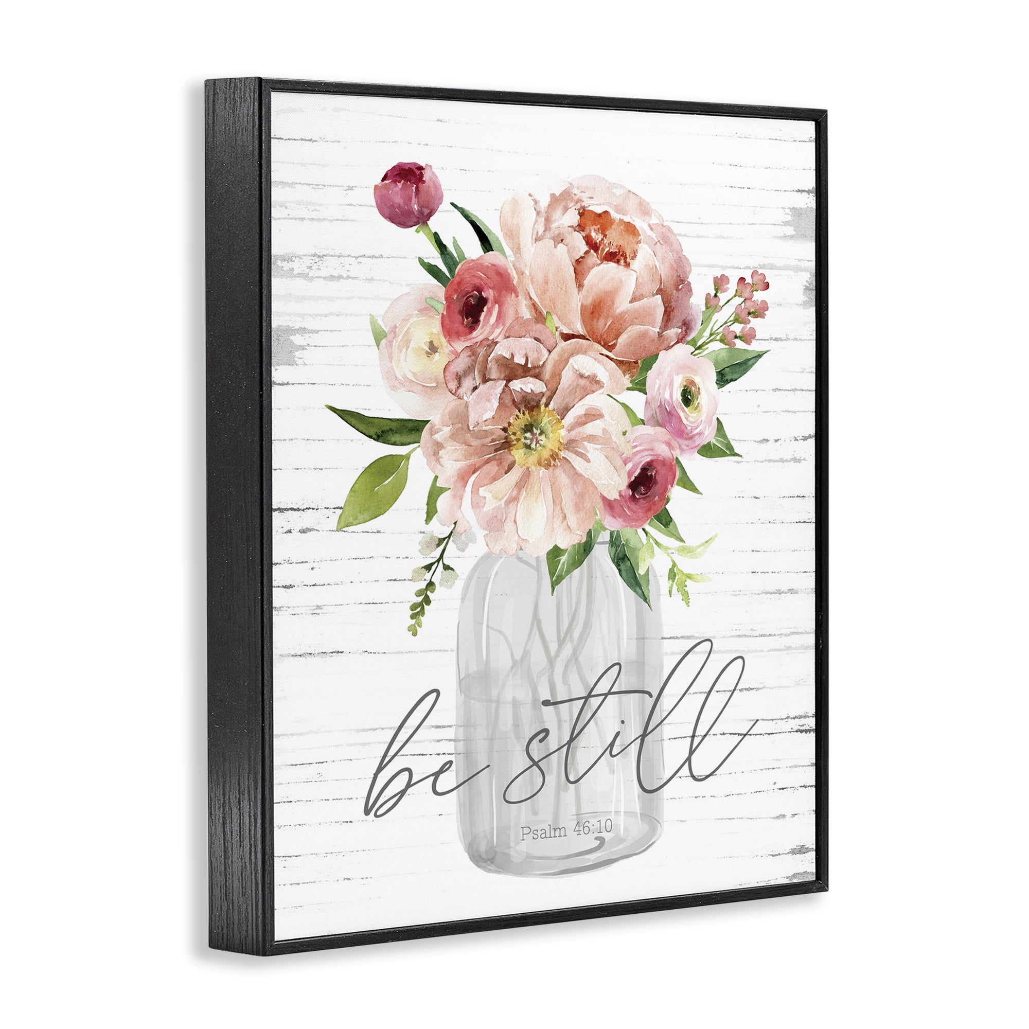 Stupell Industries Pink Be Still Bouquet Religious Painting Black Framed Art Print Wall Art, 11 x 14