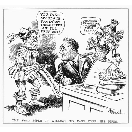 Cartoon Roosevelt 1934 Npresident Franklin D Roosevelt Displaying Some Interest In Adopting The Share The Wealth (IE Soak The Rich) Programs Of Senator Huey P Long Costumed Here As The Pied Piper Cart