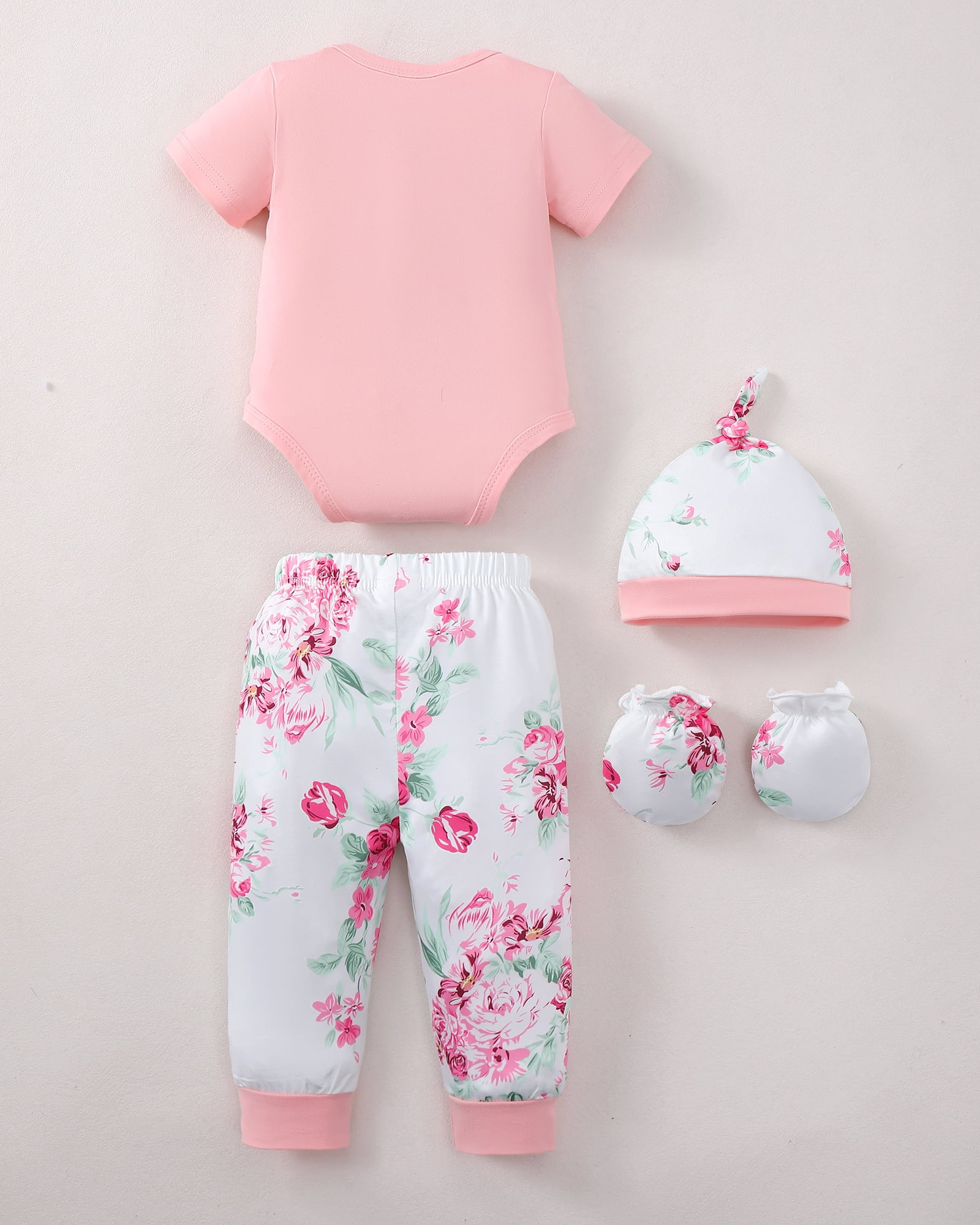 KIMI BEAR Newborn Baby Girls Layette Set 4 Packs Shower Gifts Essential Clothing Short Sleeves Long Sleeves Romper Top Pants and Bodysuit with Hats and Gloves 15pcs Clothes Pink NB
