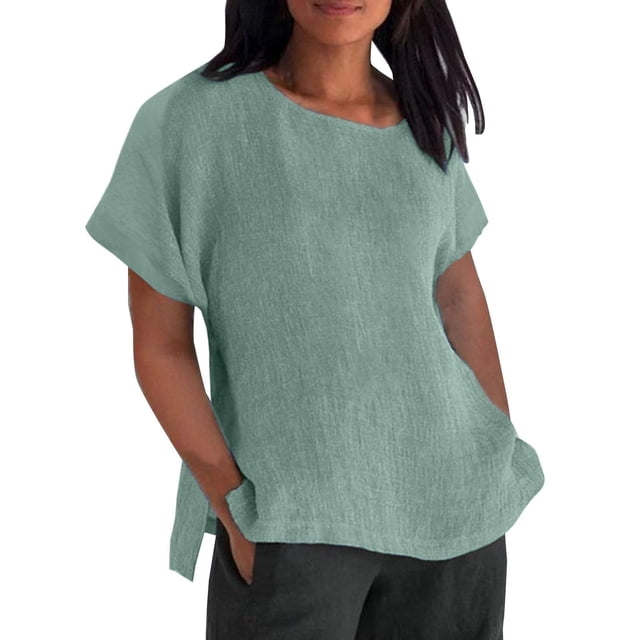 Yuyuzo Chemises en Coton et Lin pour Femmes Manches Courtes Haut Habillé Col Rond T-Shirts Amples Tuniques d'Été
