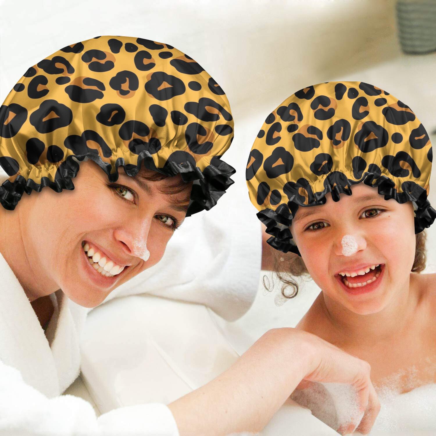 Shower Caps,Yellow and Black Of Leopard Print Waterproof Shower Cap for Women 4 Pieces,Double Reusable Hair Cover for Shower PEVA Elastic Stretch Hem