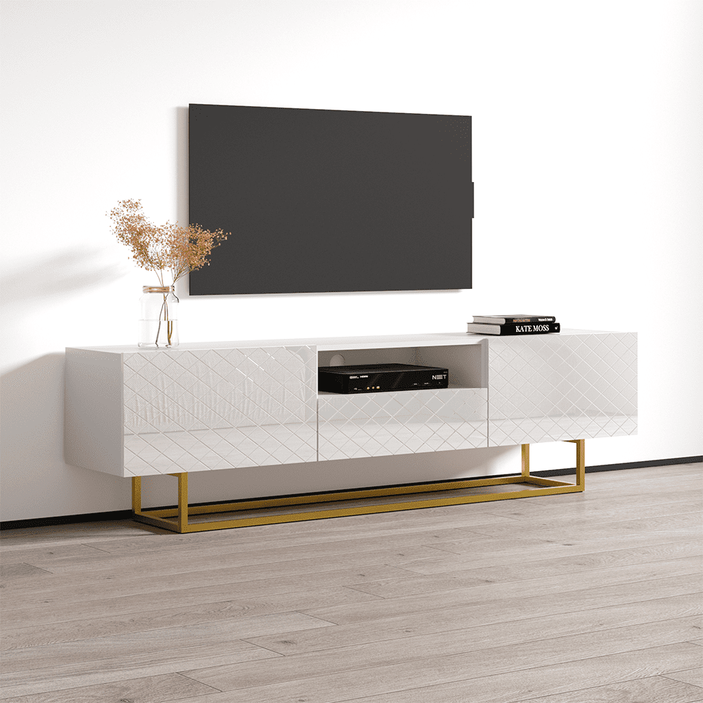 Lattice 01 TV Stand for TVs up to 85", Mid-Century Modern High Gloss 75" Entertainment Center, TV Media Console with Storage Cabinets