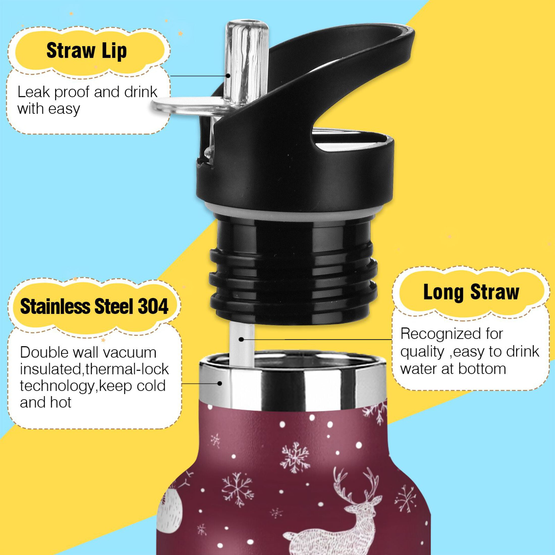600ML Stainless Steel Insulated Cup Sports Water Bottle Portable Thermos Cup Water Glasses Insulated Tumblers Convenient and Durable Cute Christmas Elements