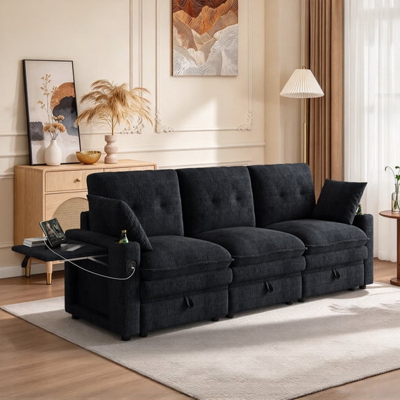 Timbernest 89" Sectional Sofa for Living Room, 3 Seater Chenille Cloud Couch with Storage, USB Ports, Black