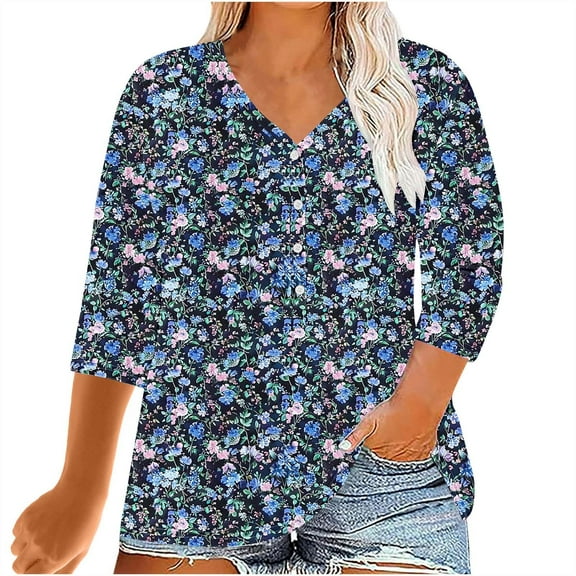 Axiiglly Floral Tops for Women 3/4 Sleeve Plus Size Shirts V Neck Casual Shirts Button Fashion Loose Summer Tops