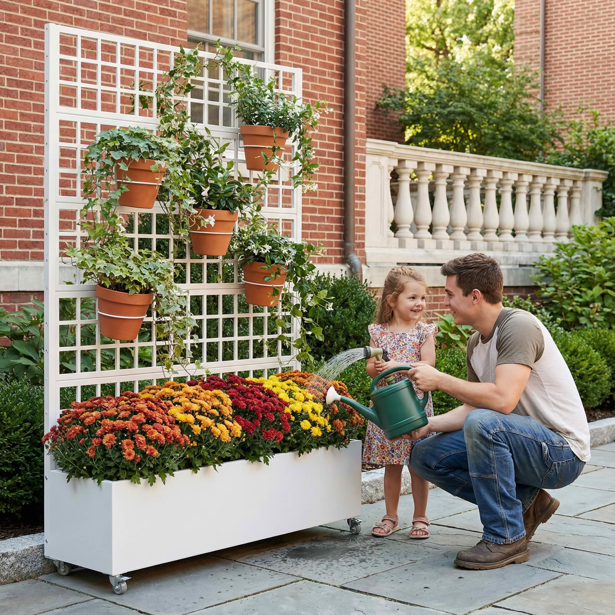 MAYEERTY 72X47" Metal Outdoor White Privacy Screen with Planter Box for Backyard & Garden, 5 Piece Set