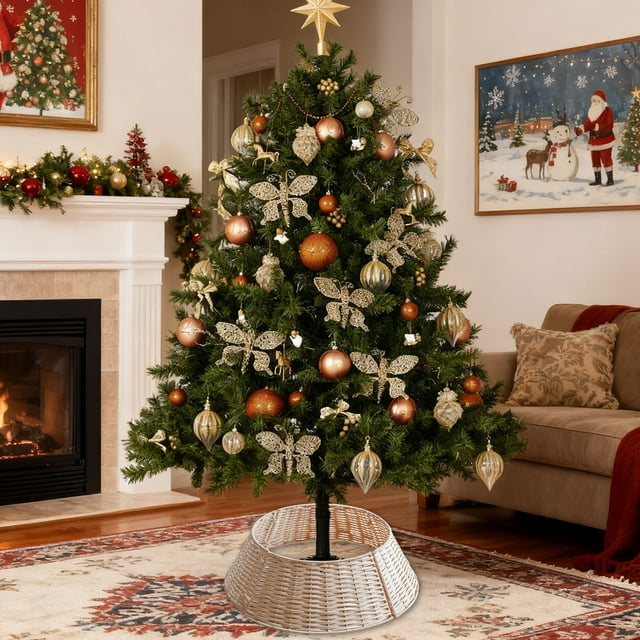 Rattan Look Christmas Tree Base Decorative Basket Splicable Christmas Tree Bottom Storage & Decor Basket Christmas Scene Decoration Ornament
