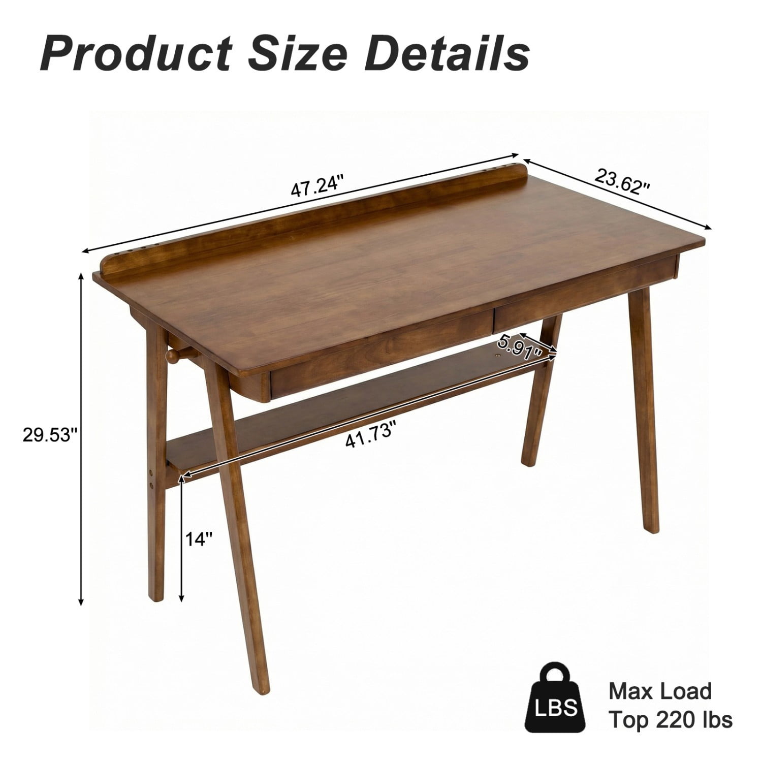 Solid Wood Writing Desk 47 Inch with 2 Drawers & Storage Shelf Mid Century Modern Home Office Desk with Hooks for Bedroom Study Walnut