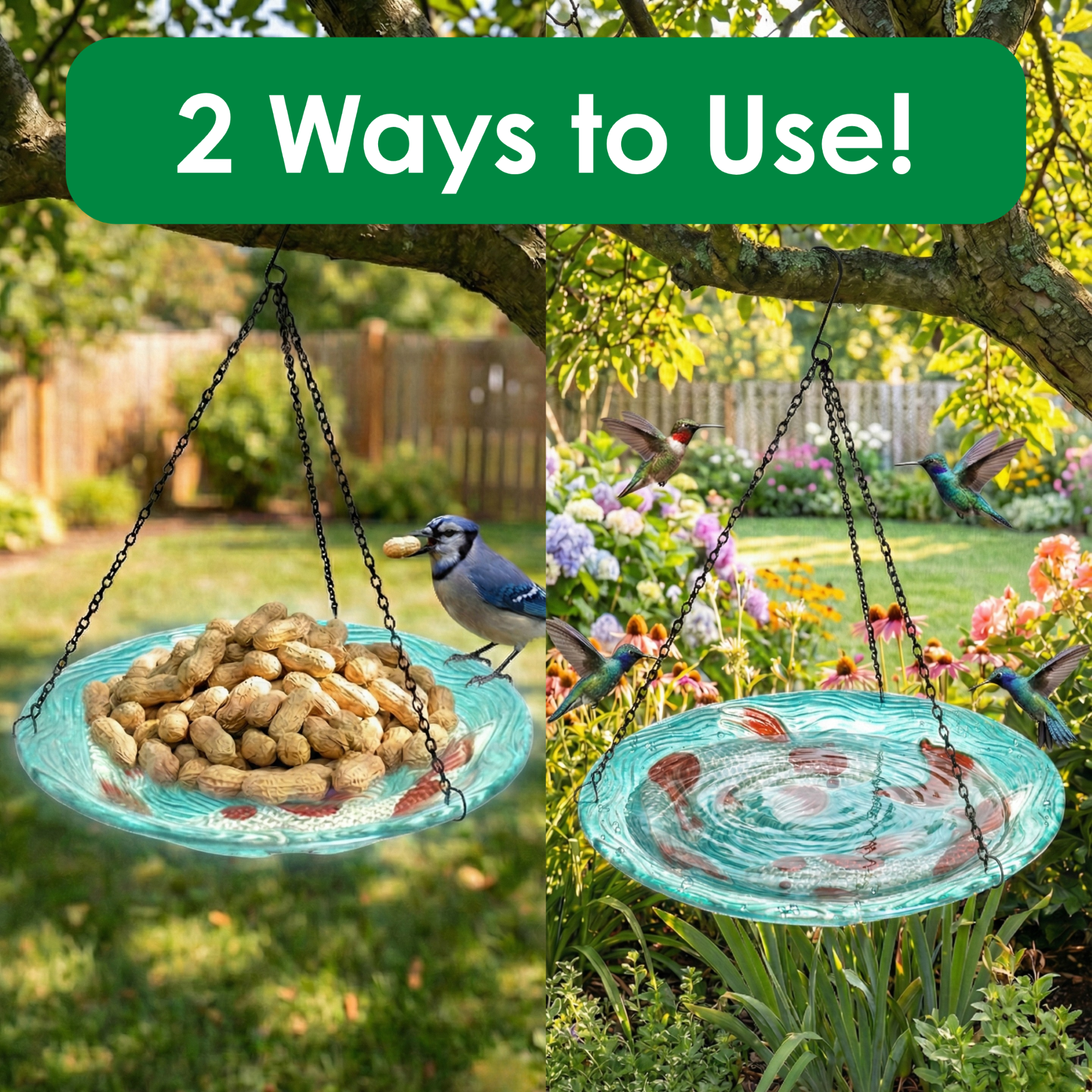 Songbird Essentials Outdoor Bird Bath, Hanging Glass Birdbath, Koi Pond 13in Round