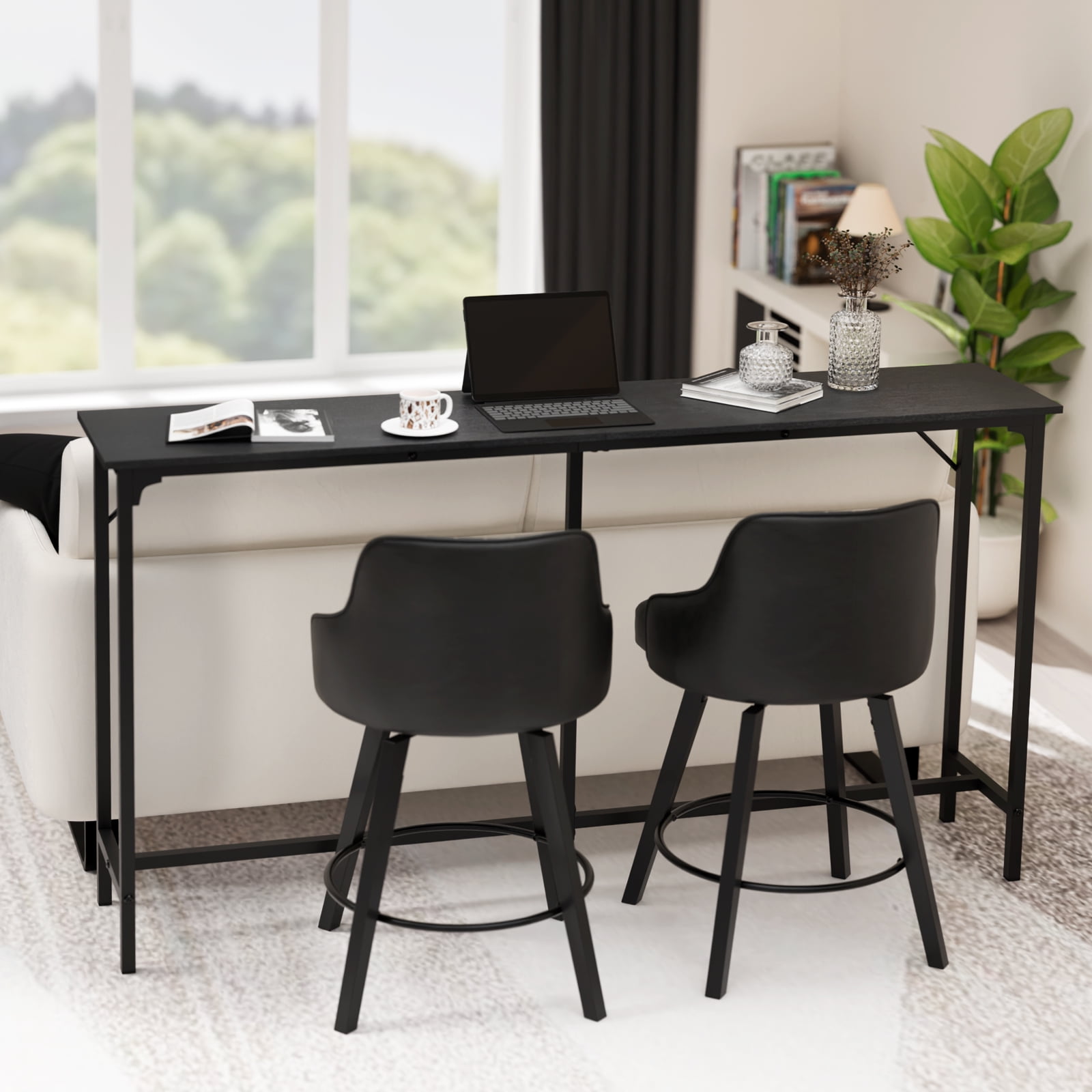 Sleek Black Single Bar Table High Density MDF Top Heavy Duty Iron Frame Adjustable Feet Waterproof Scratch Resistant for Home Bar Kitchen Island Small Apartment