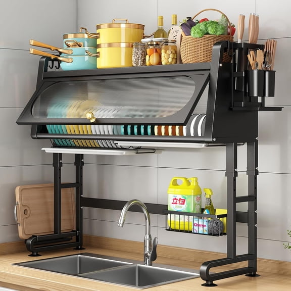 3-Tier Adjustable Over-the-Sink Dish Drying Rack with Cover, Fits Sinks 28"-32", Space-Saving & Organizing