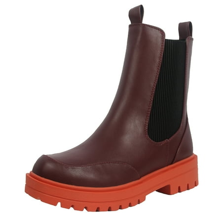 

Soda Women s Two Tone Chelsea Lug Block Heel Bootie Vino/Orange 6 M US