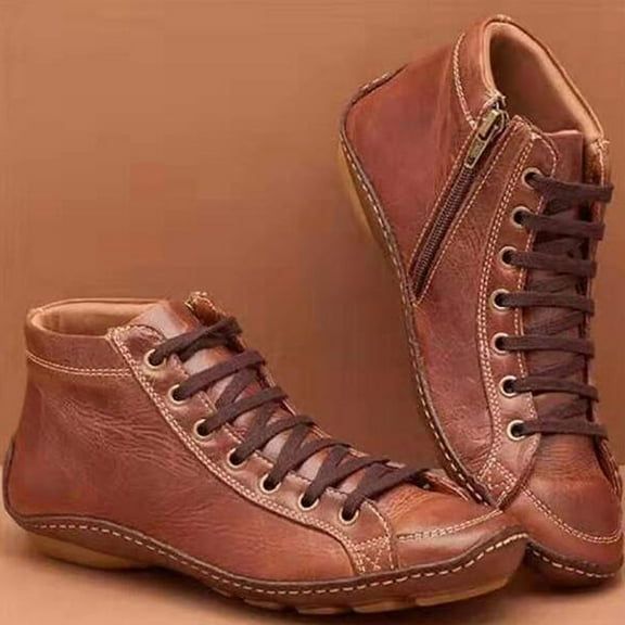 QISIWOLE Women's Casual Flat Leather Retro Lace-up Boots Side Zipper Round Toe Shoe Boots clearance under 10