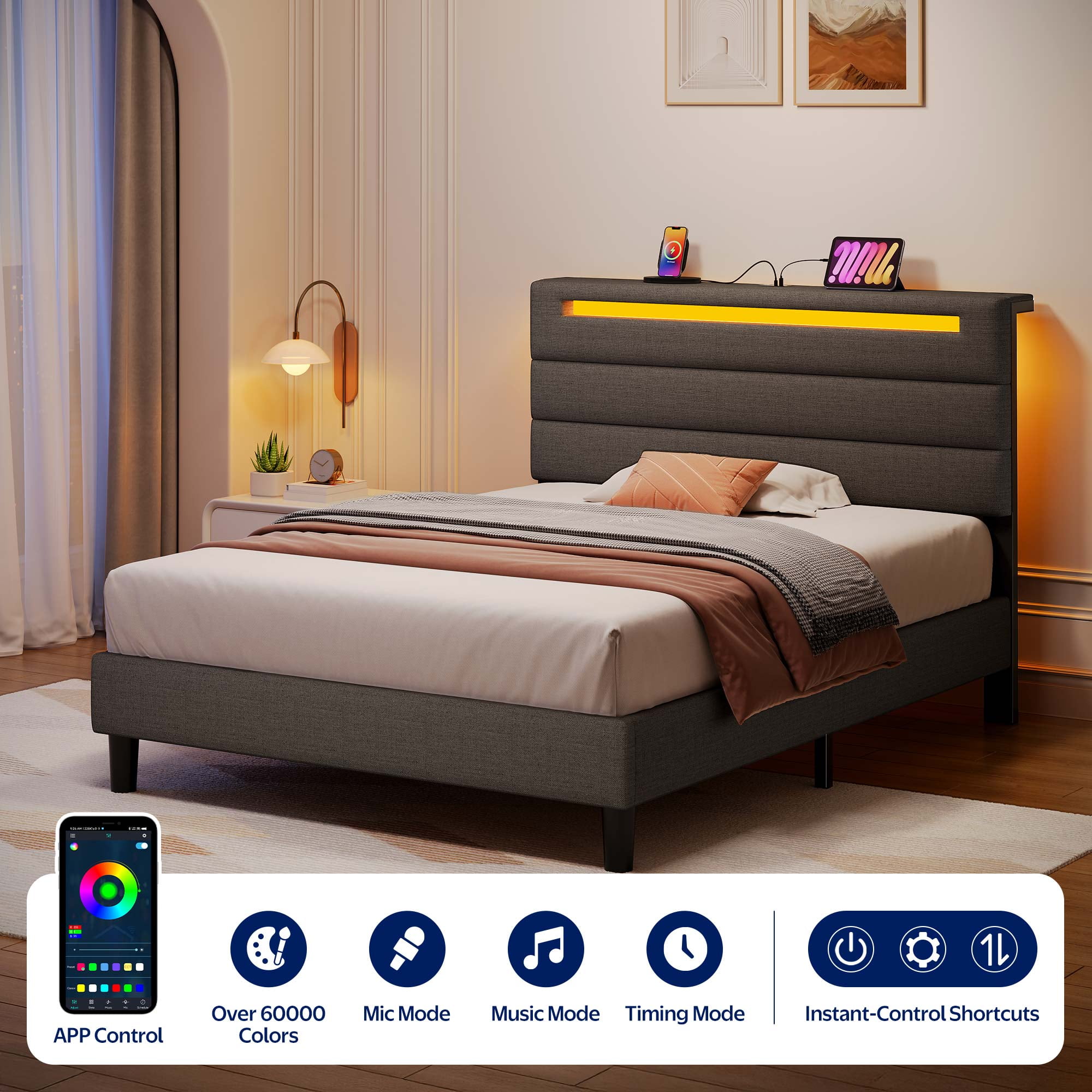 Greenstell Twin Size Bed Frame with Upholstered Storage Headboard and LED Light, Bed Platform with Charging Station, USB Ports, Under-bed Storage, Dark Gray