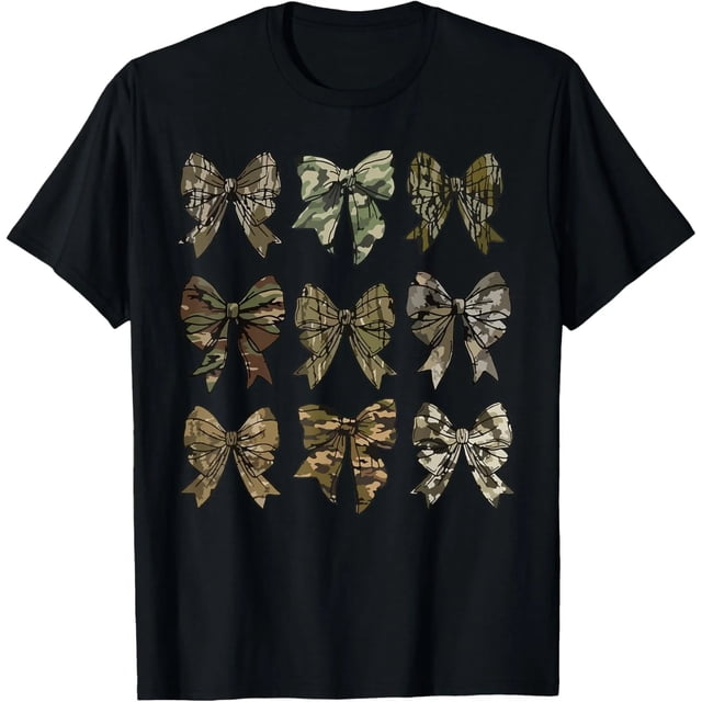 Camiseta Coquette con Moño y Estampado Camuflaje de Caza de Patos para Mujer y Hombres, Talla Extra Grande, Negra