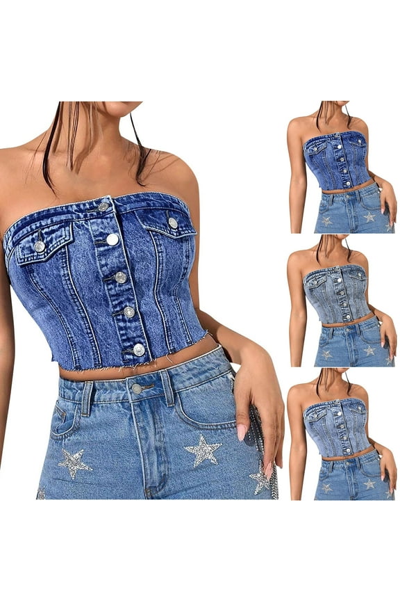 Women's Strapless Denim Corset Top Button Front Summer Casual Tube Top Bodycon Crop Tops 2025 Y2K Clothing