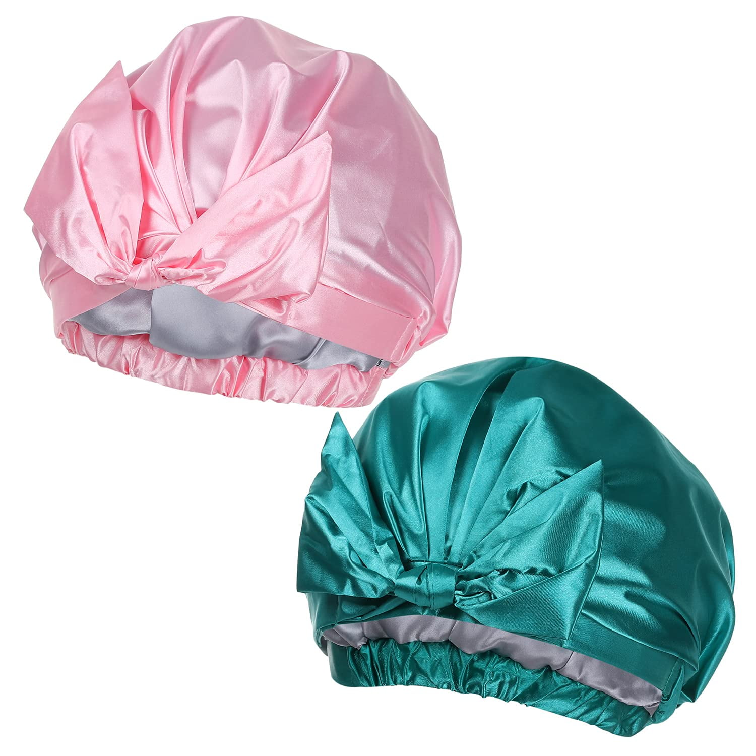2 Pieces Shower Cap For Women Double Layers Waterproof Reusable Turban Shower Cap Silky Satin Lined Shower Cap For Long Hair Large Turban Adjustable Bath Cap Dark Green Pink Walmart Com Walmart Com