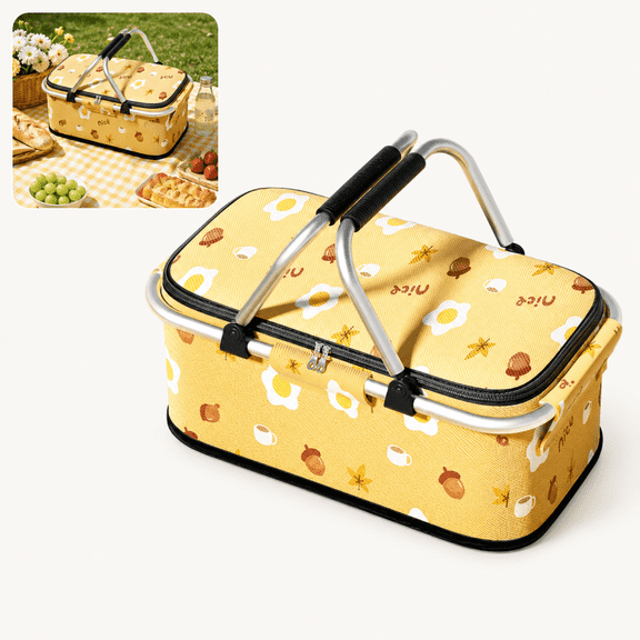 Insulated Picnic Basket with Lid, 25L Collapsible Picnic Basket Cooler Bag with Aluminum Lining & Sturdy Handles, Foldable Market Basket for Grocery Shopping, Camping, Travel, Food Delivery, Yellow