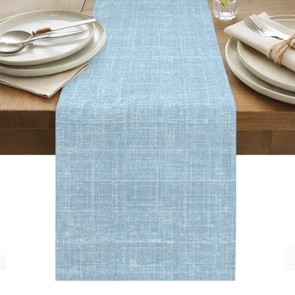 Light Blue Table Runner, Abstract Modern Farmhouse Solid Color Cotton Linen Kitchen Dining Table Runner Cloth Dresser Scarf Decoration for Party Home Decor 13x36in