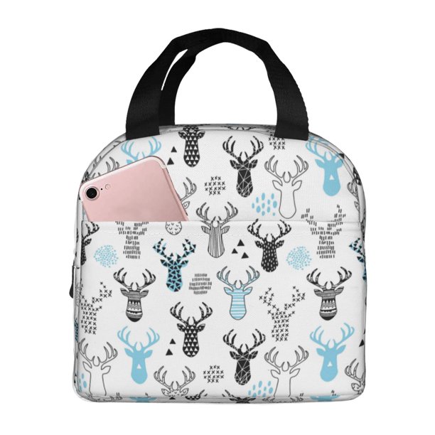 Fotbe Winter Art Blue and Black Moose Bolsa Térmica con Estampado y Forro de Aluminio Grueso Bolsa de Almuerzo con Bolsillo Frontal para Hombres y Mujeres, Ideal para Trabajo, Escuela
