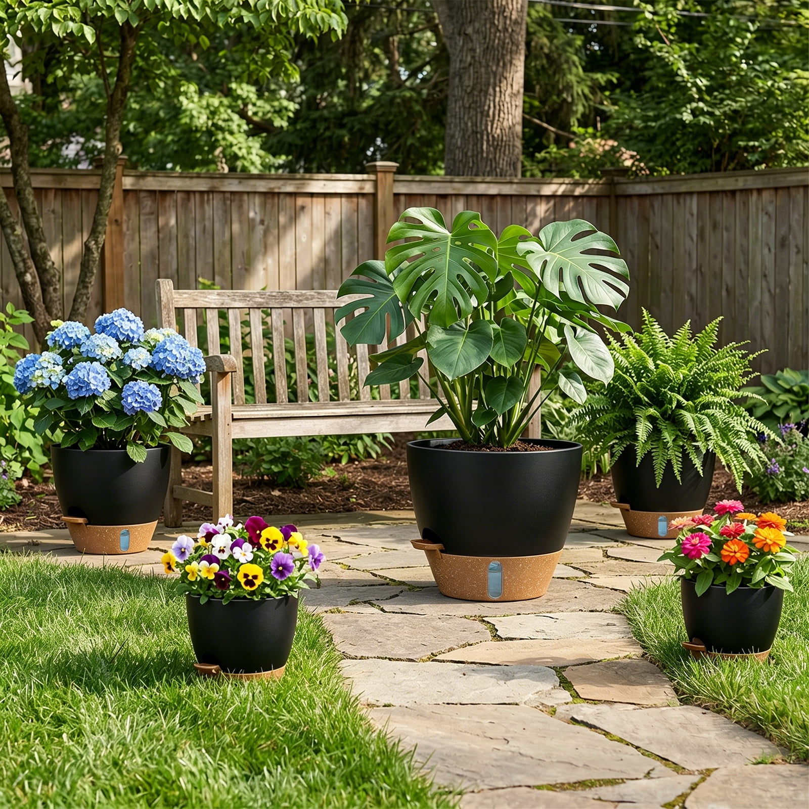 FIASON 5 Pack Plastic 6/8/9/10/12 Inch Black with Brown Self Watering Plant Pots,Include Watering Lip, Drainage Holes & Removable Saucer for Indoor Outdoor Garden House Plants