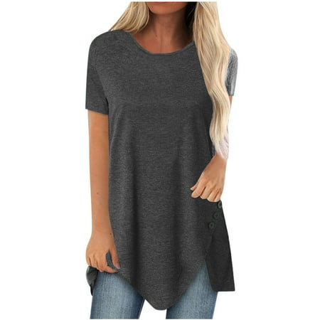 

Women Plus Size Button Solid Round Neck Short Sleeve Irregular T-shirt Blouse Tops