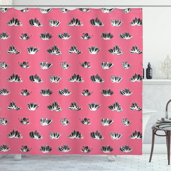 Abstract Shower Curtain, Repetitive Marker Pen Scribbles with Dots Around Art Print, Fabric Bathroom Set with Hooks, 69W X 75L Inches Long, Pastel Pink and Charcoal Grey, by Ambesonne