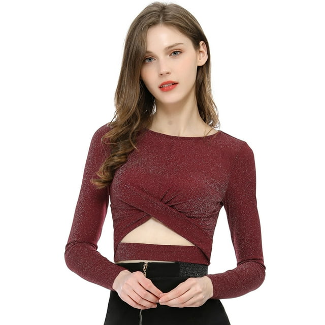 INSPIRAR CHIC Blusa de Brillo para Mujer con Torcido, Ajustada, de Manga Larga, con Corte, para Fiesta, Cortas y Brillantes, 2XL Burdeos