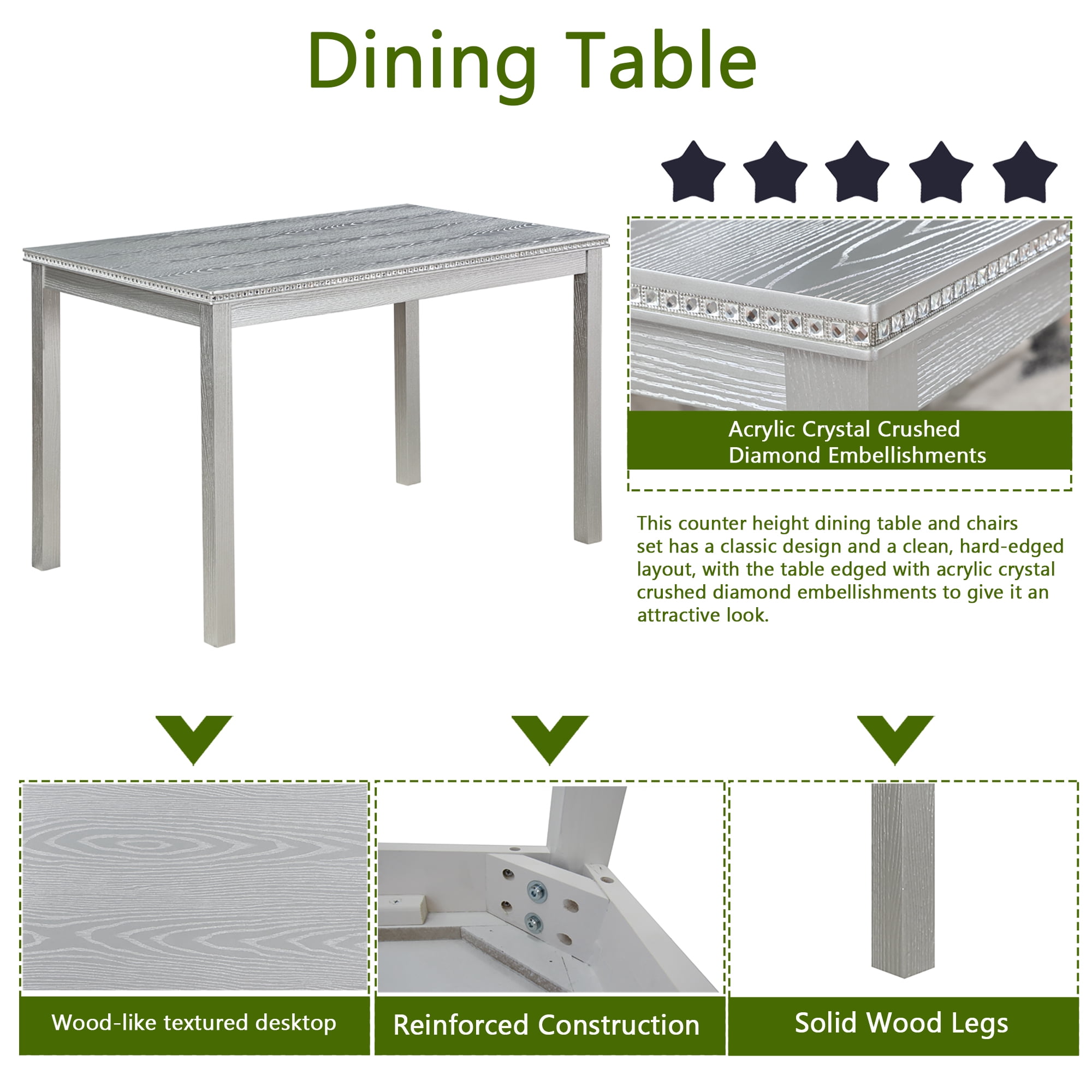 Aukfa Dining Table Set for 4, Rectangular Wood Kitchen Table W/ Upholstered Chairs, Crystal Decoration,Gray